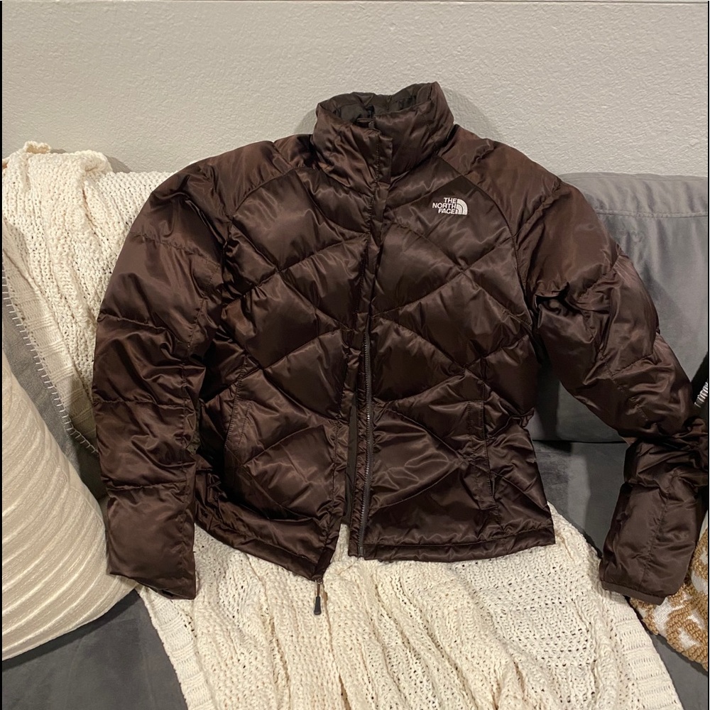 Brown north face puffer jacket.